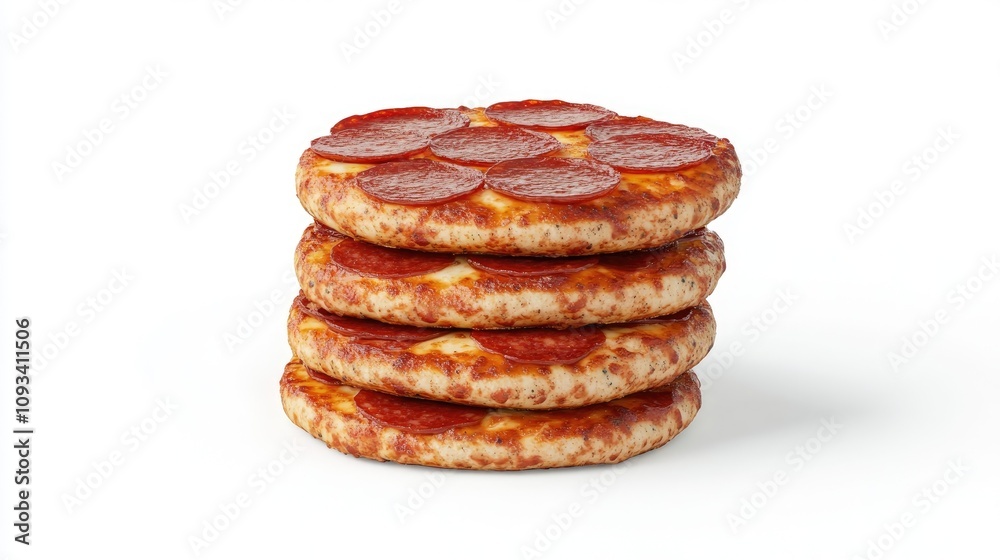 Stack of delicious pepperoni pizza with golden crust and evenly distributed pepperoni slices against a clean white background Stack of delicious pepperoni pizza with golden crust and evenly distributed pepperoni slices against a clean white background