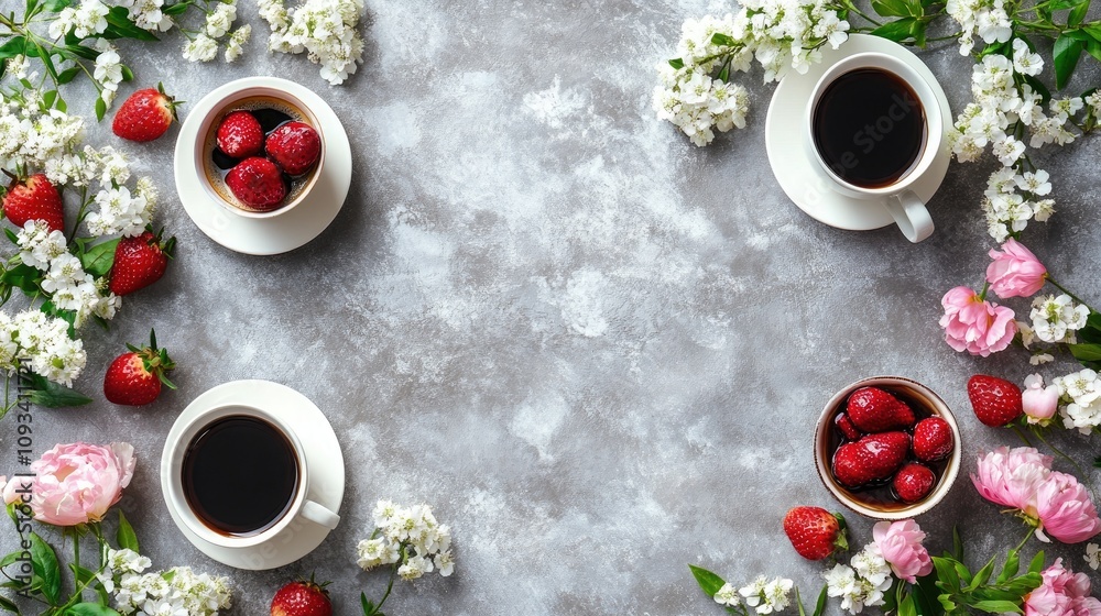 Overhead arrangement of coffee cups with strawberries, delectable strawberry cheesecake, and assorted fresh flowers on a soft gray background. Overhead arrangement of coffee cups with strawberries, delectable strawberry cheesecake, and assorted fresh flowers on a soft gray background.