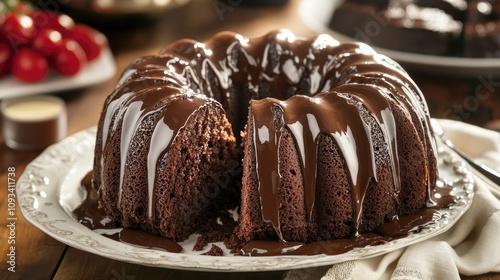 Rich chocolate pound cake sliced and topped with velvety ganache, served in a decorative bundt shape with a glossy finish. photo