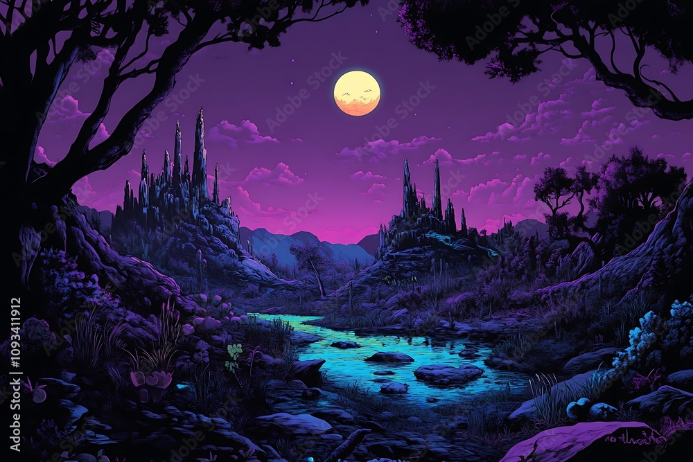 Serene Night Scene with a Moonlit Castle and River Serene Night Scene with a Moonlit Castle and River