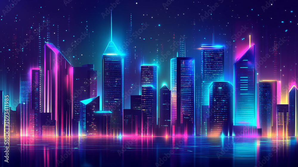neon lights reflecting across the building of city, Nighttime view of a advanced city with light, abstract modern technology concept retro futuristic neon lights creating a vibrant cityscape. neon lights reflecting across the building of city, Nighttime view of a advanced city with light, abstract modern technology concept retro futuristic neon lights creating a vibrant cityscape.