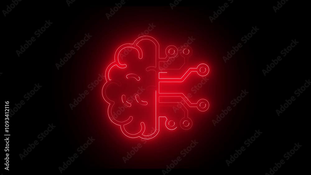 Human brain with tech icon. Neon icon with silhouette man head gears. Mental health concept. Abstract circuit brain animation on display . Human brain with tech icon. Neon icon with silhouette man head gears. Mental health concept. Abstract circuit brain animation on display .