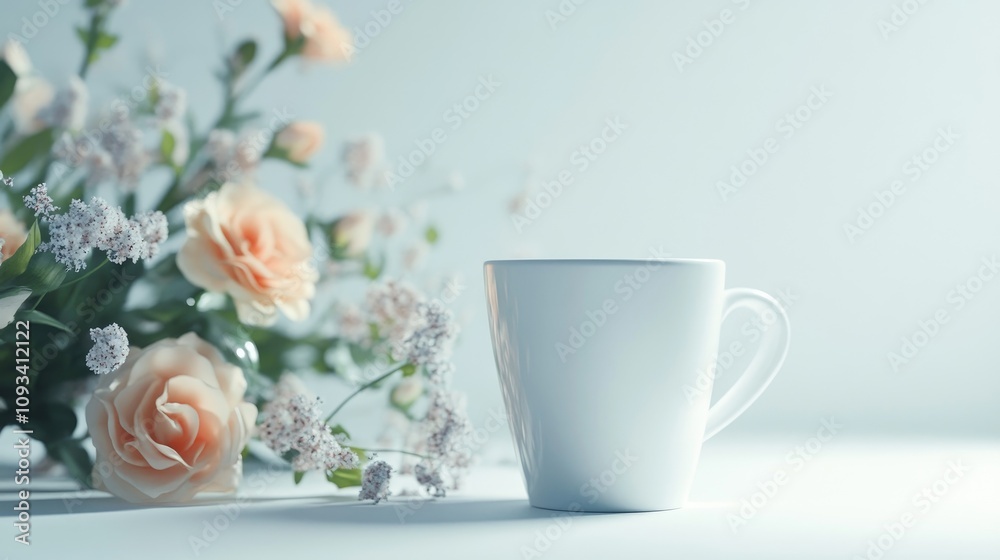 Elegant white coffee cup next to a delicate bouquet of soft pink and white flowers on a pristine white background, creating a serene and inviting atmosphere. Elegant white coffee cup next to a delicate bouquet of soft pink and white flowers on a pristine white background, creating a serene and inviting atmosphere.