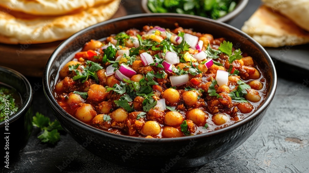 Delicious chole bhature served in a bowl with vibrant masala, garnished with onions and coriander, accompanied by crispy bread and green chutney. Delicious chole bhature served in a bowl with vibrant masala, garnished with onions and coriander, accompanied by crispy bread and green chutney.