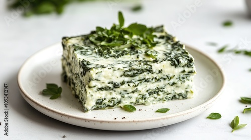 Layers of creamy spinach filling topped with fresh herbs, beautifully presented in a square slice on a white plate against a neutral background.