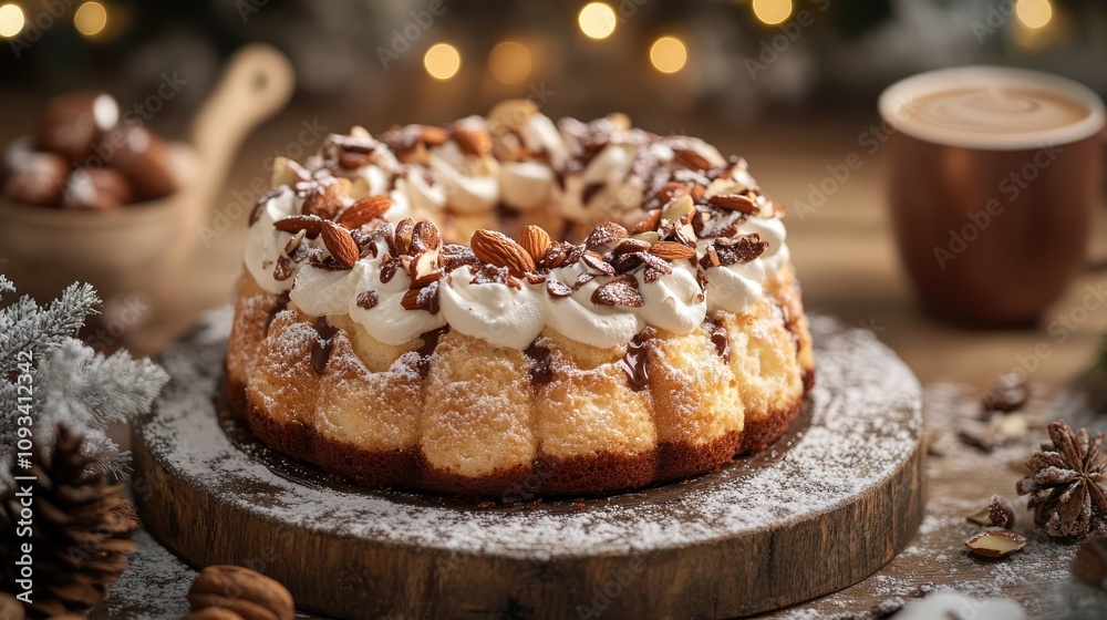 A delicious bundt cake with whipped cream, chocolate sauce, and almonds, dusted with powdered sugar on a wooden cutting board, with a cup of coffee and Christmas decorations in the background. A delicious bundt cake with whipped cream, chocolate sauce, and almonds, dusted with powdered sugar on a wooden cutting board, with a cup of coffee and Christmas decorations in the background.