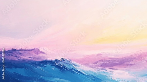 Pastel Waves and Pink Sky in Abstract Ocean Painting with Impressionist Style, Bold Brush Strokes in Blue, Purple, and Yellow, Perfect for Tropical Decor