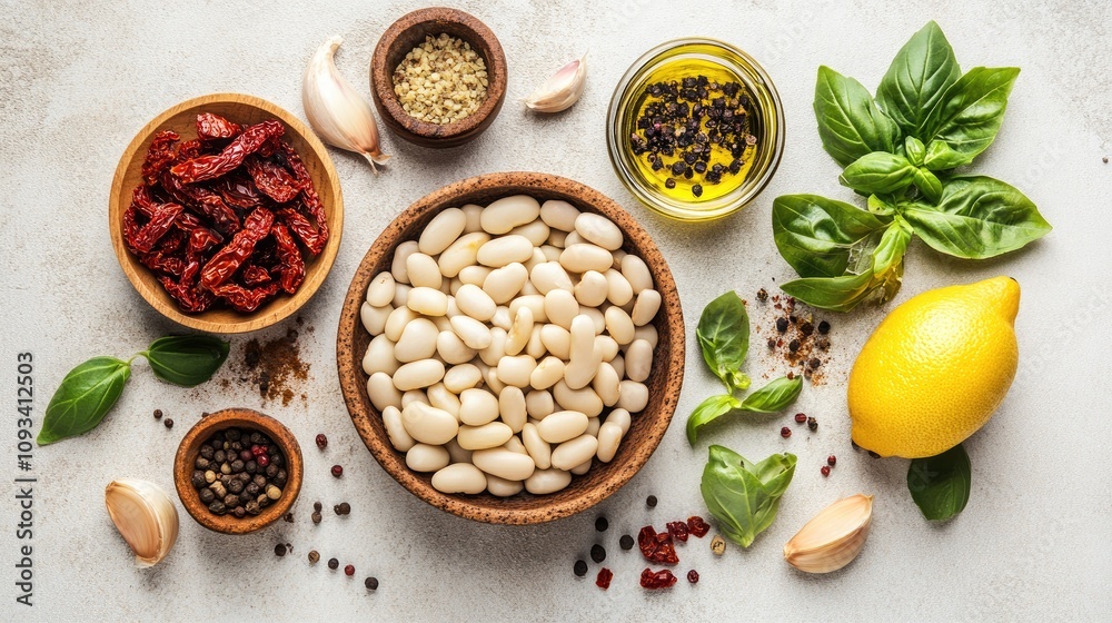 Mediterranean Recipe Ingredients including White Beans, Sun-Dried Tomatoes, Garlic, Olive Oil, Basil, Lemon, and Assorted Spices on Neutral Surface Mediterranean Recipe Ingredients including White Beans, Sun-Dried Tomatoes, Garlic, Olive Oil, Basil, Lemon, and Assorted Spices on Neutral Surface