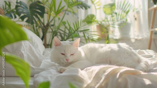 White cat resting on the bed. Bedroom interior in a Scandinavian minimalist stylewith plants. Urban jungle. Morning vibes. Bedroom interior concept. Sunny morning. photo