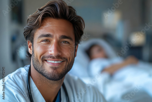 young smiling doctor in a medical gown in a hospital room. In the background, a patient lying on a hospital bed is visible in blurred focus. 