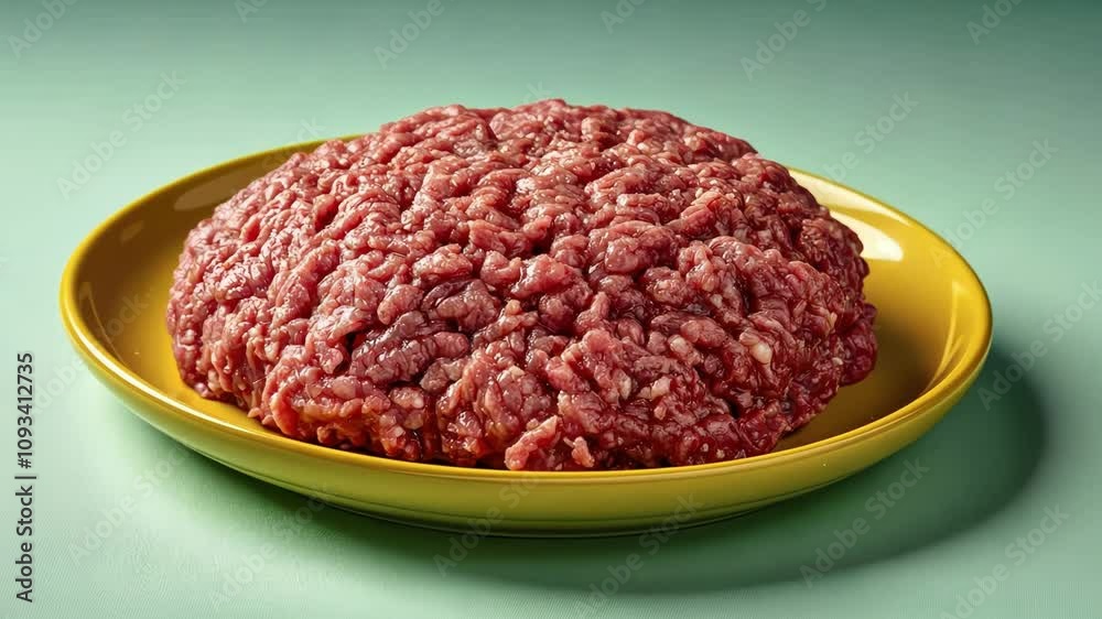 A mound of raw ground beef sits on a yellow plate against a muted green background. A mound of raw ground beef sits on a yellow plate against a muted green background.