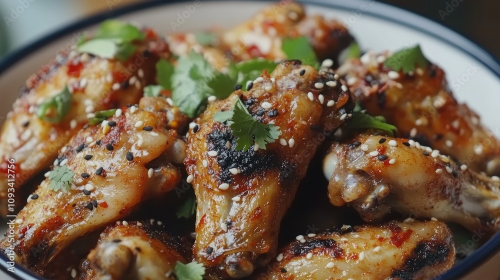 Spicy roasted chicken wings garnished with chili, sesame seeds, and fresh herbs, showcasing a deliciously crispy and flavorful presentation. Spicy roasted chicken wings garnished with chili, sesame seeds, and fresh herbs, showcasing a deliciously crispy and flavorful presentation.