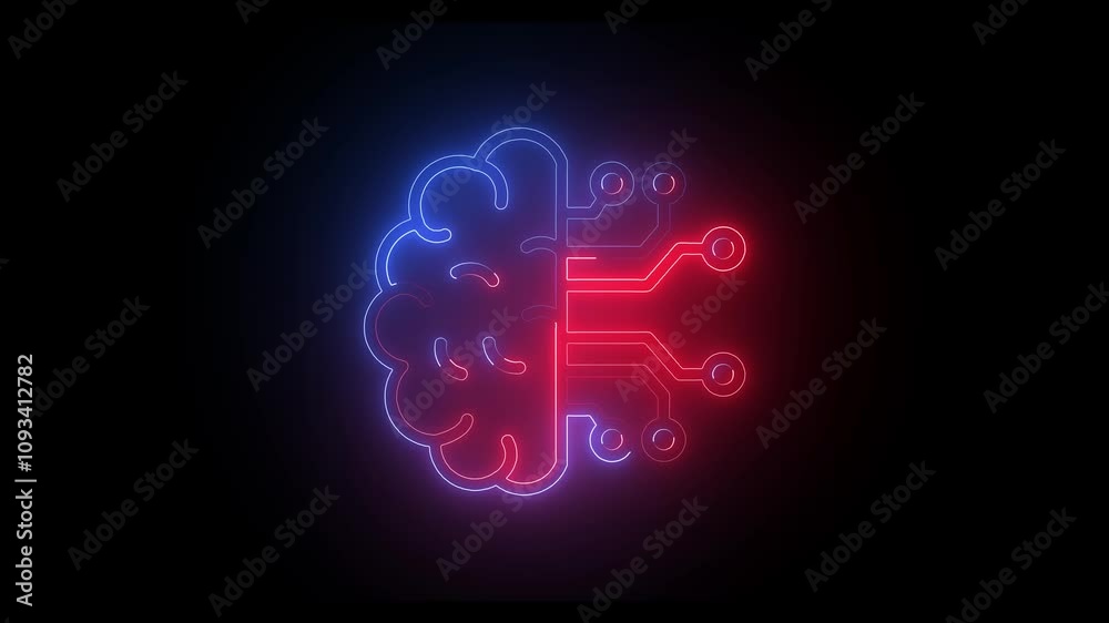 Human brain with tech icon. Neon icon with silhouette man head gears. Mental health concept. Abstract circuit brain animation on display . Human brain with tech icon. Neon icon with silhouette man head gears. Mental health concept. Abstract circuit brain animation on display .