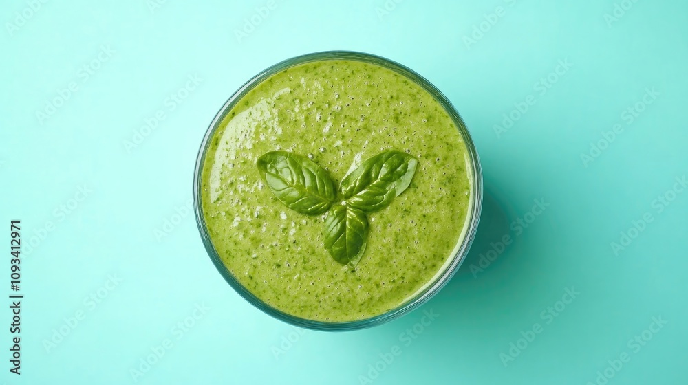 Green spinach smoothie in a clear glass with a decorative basil leaf on top, against a vibrant blue background, perfect for healthy breakfasts and detox options. Green spinach smoothie in a clear glass with a decorative basil leaf on top, against a vibrant blue background, perfect for healthy breakfasts and detox options.