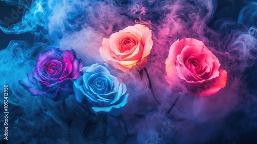 Fototapeta Naklejka Na Ścianę i Meble -  Vibrant neon roses in shades of blue, red, and purple emerge from colorful smoke, creating a dreamy, ethereal atmosphere.