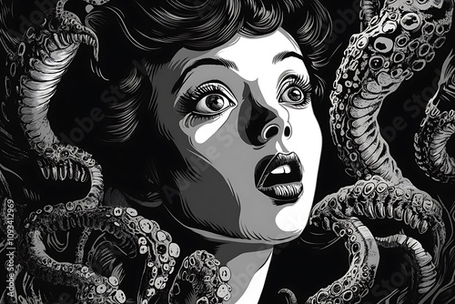 A terrified woman surrounded by monstrous tentacles