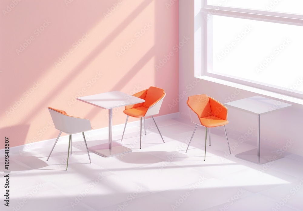 modern furniture, interior design, minimalism, cozy, orange and white chairs, bright room, natural light, stylish decor, contemporary space, inviting atmosphere