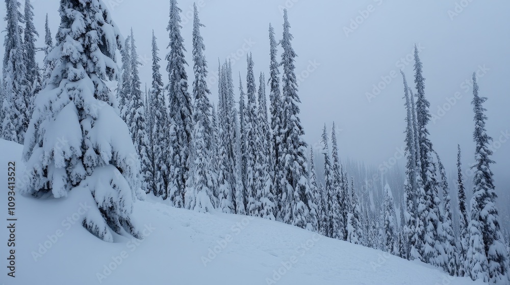 Fototapeta premium Snow-covered tall trees stand majestically against a gray sky, creating a peaceful winter landscape with a pristine layer of untouched snow.