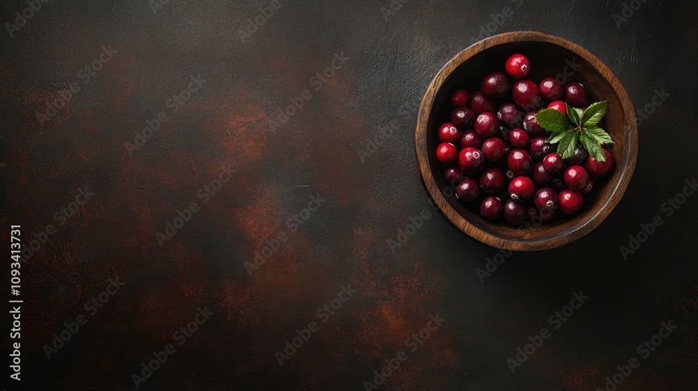 Wooden bowl filled with fresh, ripe cranberries topped with a green leaf, set against a rustic dark tabletop, captured from a top-down perspective. Wooden bowl filled with fresh, ripe cranberries topped with a green leaf, set against a rustic dark tabletop, captured from a top-down perspective.