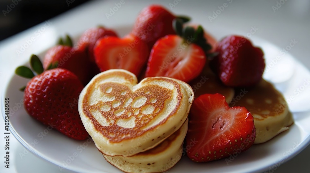 Heart-shaped pancakes beautifully arranged on a white plate, accompanied by vibrant fresh strawberries, creating a delightful and inviting breakfast scene. Heart-shaped pancakes beautifully arranged on a white plate, accompanied by vibrant fresh strawberries, creating a delightful and inviting breakfast scene.