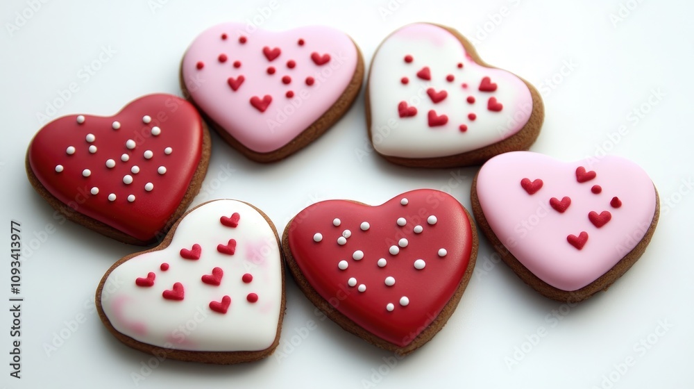 Heart-shaped cookies in pink, red, and white, beautifully decorated with various hearts and dots, displayed from a top view for Valentine's Day. Heart-shaped cookies in pink, red, and white, beautifully decorated with various hearts and dots, displayed from a top view for Valentine's Day.