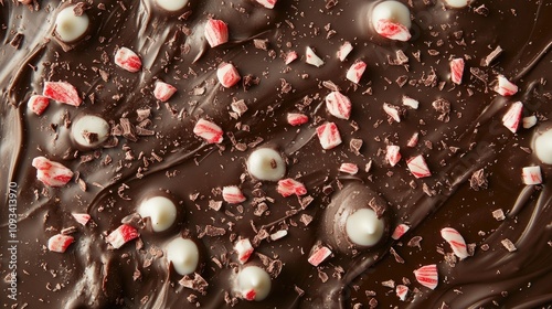 Rich chocolate backdrop adorned with chocolate bark, sprinkled with vibrant peppermint bits and creamy white chocolate drops. photo