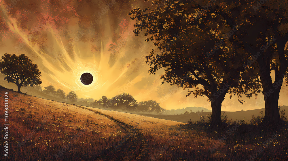 Fototapeta premium a tranquil landscape with a solar eclipse occurring on the horizon, casting long shadows and bathing the scene in an eerie, twilight glow. Solar Eclipse Horizon. Illustration