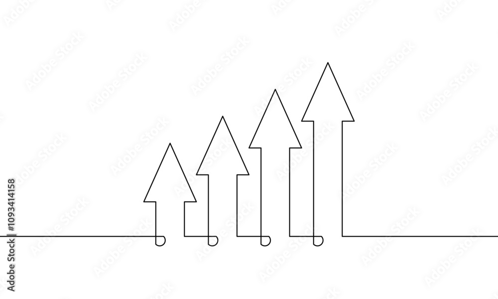 Continuous one line drawing of inreasing arrow up. Illusration vector of business growth. Single line art of graph. Flat icon of bar chart. Object one ine of sign symbol Continuous one line drawing of inreasing arrow up. Illusration vector of business growth. Single line art of graph. Flat icon of bar chart. Object one ine of sign symbol
