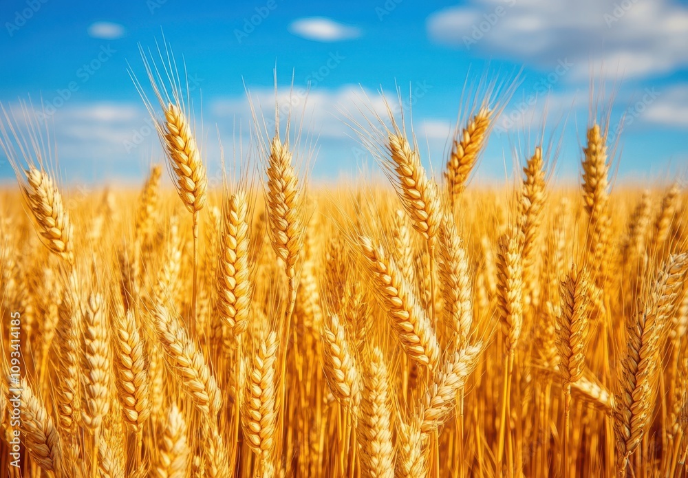 Golden Wheat Field Under Bright Blue Sky with Fluffy Clouds as a Symbol of Harvest Season and Agricultural Abundance in Sunny Landscape Golden Wheat Field Under Bright Blue Sky with Fluffy Clouds as a Symbol of Harvest Season and Agricultural Abundance in Sunny Landscape