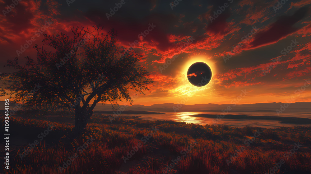 a tranquil landscape with a solar eclipse occurring on the horizon, casting long shadows and bathing the scene in an eerie, twilight glow. Solar Eclipse Horizon. Illustration