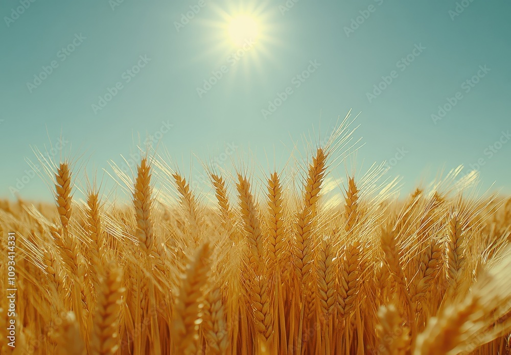 Golden Wheat Field Under Bright Sunlight with Clear Blue Sky Creating a Beautiful Rural Landscape Focused on Nature's Bounty and Agricultural Abundance Golden Wheat Field Under Bright Sunlight with Clear Blue Sky Creating a Beautiful Rural Landscape Focused on Nature's Bounty and Agricultural Abundance