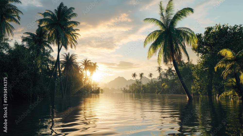 Scenic view of a flooded landscape with palm trees and a serene river at sunset, highlighting nature's beauty amidst the aftermath of a disaster. Scenic view of a flooded landscape with palm trees and a serene river at sunset, highlighting nature's beauty amidst the aftermath of a disaster.