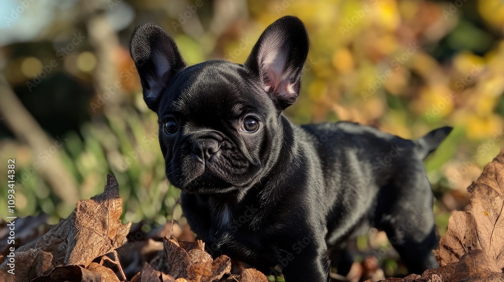 Playful black French Bulldog with a long nose, showcasing glossy fur amidst colorful autumn leaves and a blurred natural background. Playful black French Bulldog with a long nose, showcasing glossy fur amidst colorful autumn leaves and a blurred natural background.