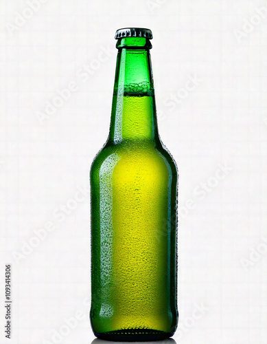 A realistic green beer bottle with condensation droplets on its surface, standing upright, isolated on a transparent background. The bottle is lit from the side, casting subtle shadows. The label is b
