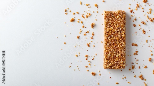 A protein bar unwrapped, lying on a clean white background with small crumbs for a natural look.