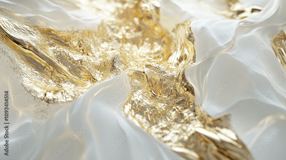 Lustrous gold metallic foil texture gracefully interspersed with flowing white fabric, creating a striking contrast in light and texture. Lustrous gold metallic foil texture gracefully interspersed with flowing white fabric, creating a striking contrast in light and texture.