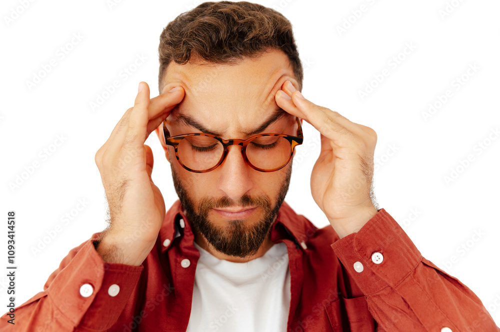 Close-up of caucasian man pressing his temples with both hands, appearing deep in thought or stressed, wearing glasses and a red shirt, standing on isolated white background Close-up of caucasian man pressing his temples with both hands, appearing deep in thought or stressed, wearing glasses and a red shirt, standing on isolated white background