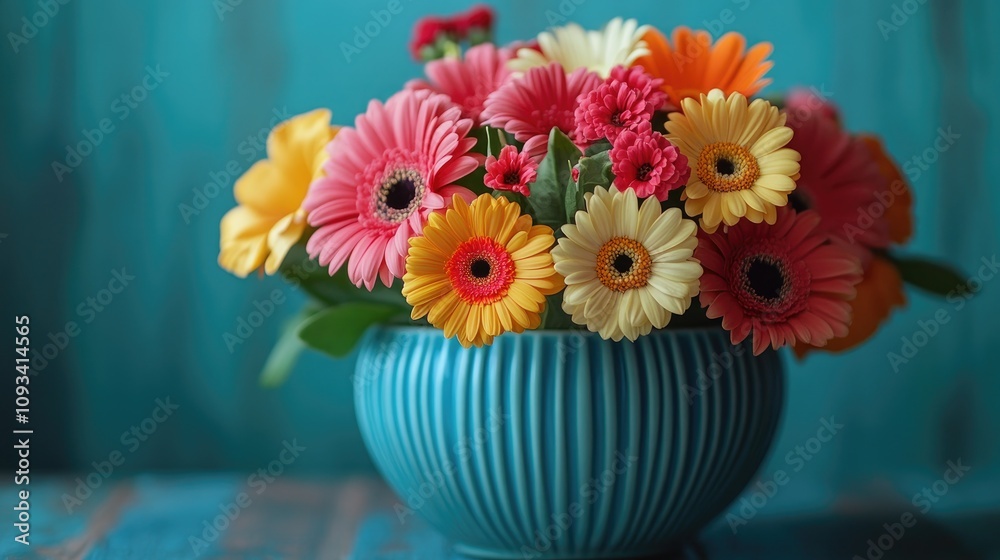 Colorful flower bouquet featuring gerbera daisies and other blooms in a textured blue ceramic bowl against a vibrant backdrop. Colorful flower bouquet featuring gerbera daisies and other blooms in a textured blue ceramic bowl against a vibrant backdrop.