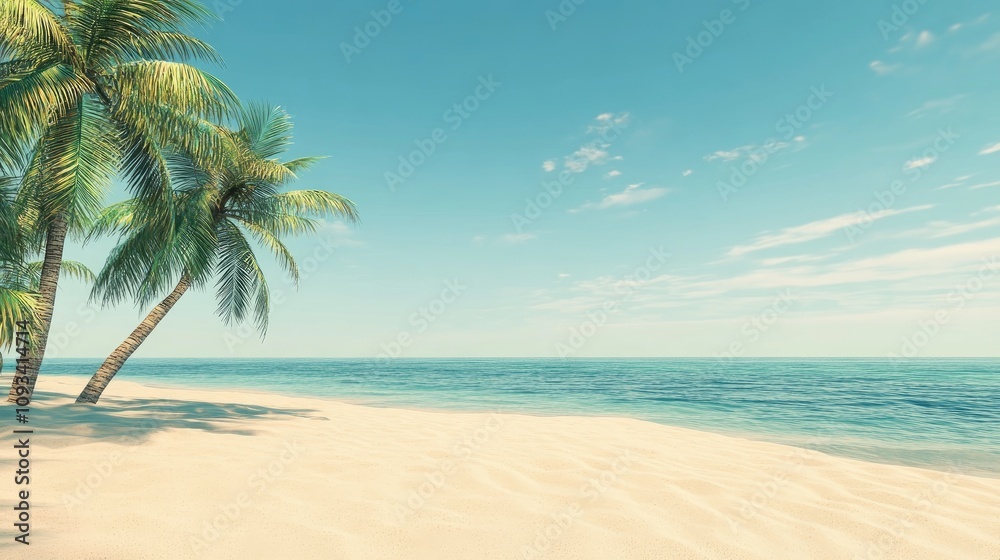 Obraz premium Tropical beach scene with fine white sand, gently swaying palm trees, and a serene sea under a clear blue sky, ideal for vacation or holiday promotions.