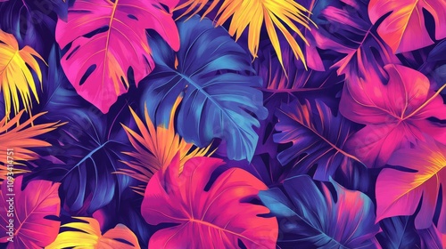 Vibrant tropical foliage design featuring bold pink, purple, and yellow leaves, perfect for postcards or book illustrations with an abstract style.