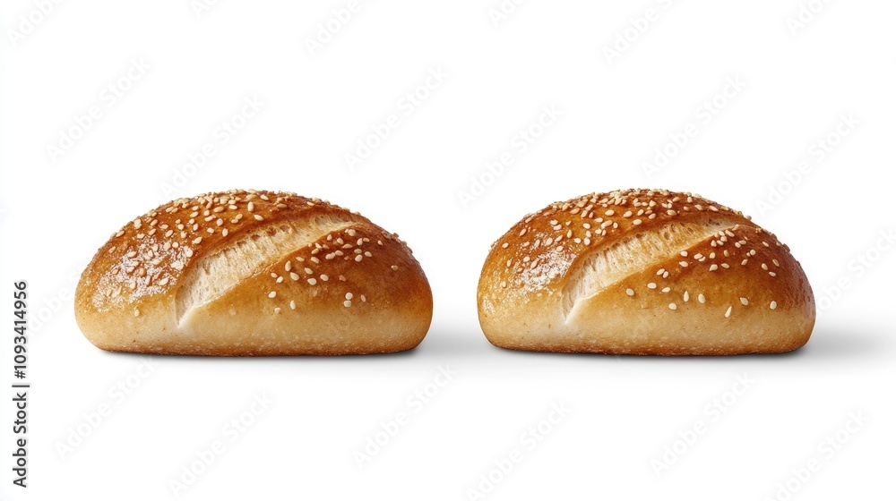 Two golden-brown sesame seed buns with a soft texture, neatly arranged on a clean white background, showcasing their inviting appearance. Two golden-brown sesame seed buns with a soft texture, neatly arranged on a clean white background, showcasing their inviting appearance.