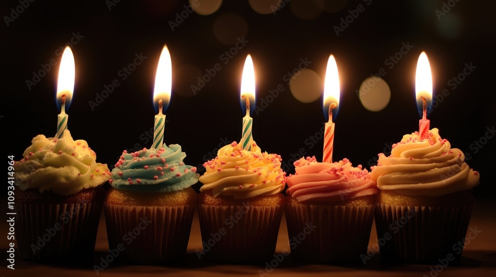 Five beautifully decorated birthday cupcakes with vibrant frosting and lit candles, arranged neatly in a row against a softly blurred dark background. Five beautifully decorated birthday cupcakes with vibrant frosting and lit candles, arranged neatly in a row against a softly blurred dark background.