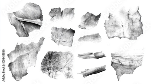 Set of artistic grunge textures made with graphite pencil, showcasing various organic shapes and patterns on a clean white background.