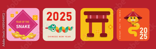 2025 Chinese new year. Set vector backgrounds. gift card templates flat modern design elements. Holiday banners, web poster, flyers and brochures, greeting cards, group bright covers