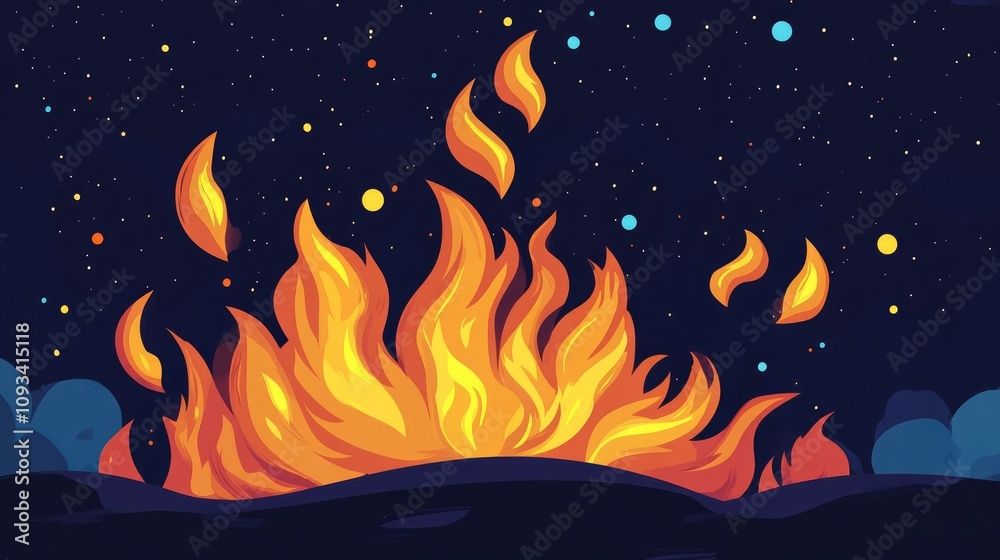 Vibrant night illustration showcasing dynamic bonfire flames illuminated against a starry dark sky, executed in a captivating flat design style.