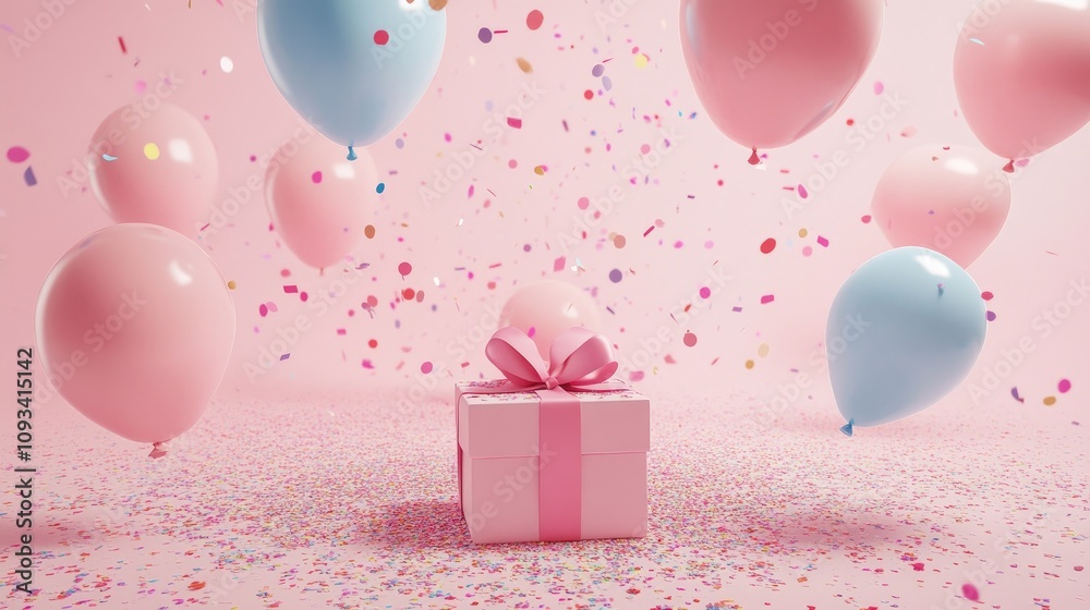 Birthday celebration backdrop with a pastel pink surface, featuring a gift box, floating balloons, and scattered confetti in a festive arrangement. Birthday celebration backdrop with a pastel pink surface, featuring a gift box, floating balloons, and scattered confetti in a festive arrangement.