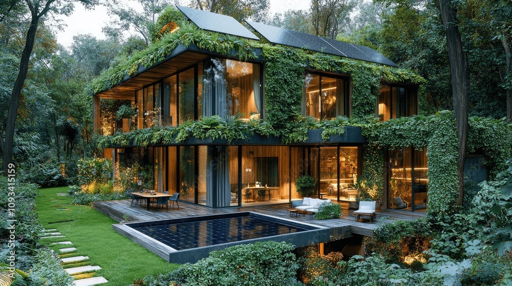 Modern house surrounded by lush greenery and a pool, blending nature with contemporary design. Modern house surrounded by lush greenery and a pool, blending nature with contemporary design.