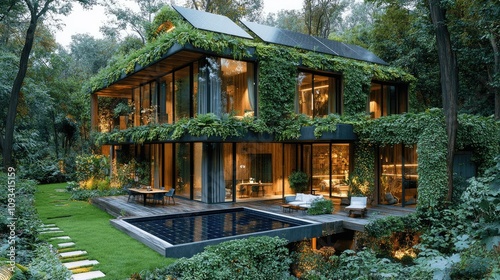 Modern house surrounded by lush greenery and a pool, blending nature with contemporary design.