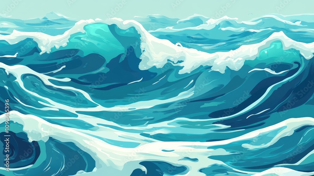 Vibrant ocean wave surface illustration with dynamic turquoise and white tones, ideal for use in banners, postcards, or book illustrations. Vibrant ocean wave surface illustration with dynamic turquoise and white tones, ideal for use in banners, postcards, or book illustrations.