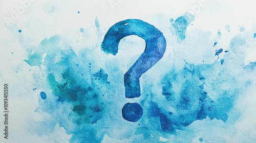 A vibrant blue watercolor question mark surrounded by splashes, symbolizing curiosity, exploration, and the pursuit of knowledge.